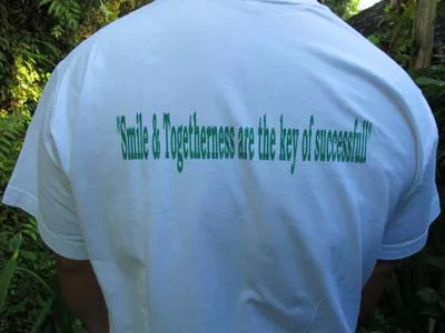 A motto on the back of a T-shirt